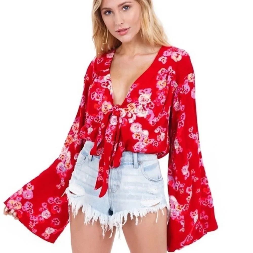 Free People Blouse Bodysuit “Forties Feels”Printed Hot Cherry OB787384 XS